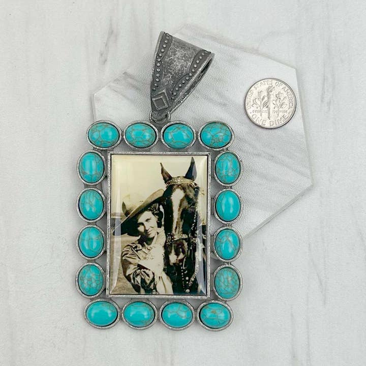 PD231210SL-37 silver metal with blue turquoise stone triangle cowboy Pendent for wholesale by Western Elite Jewelry