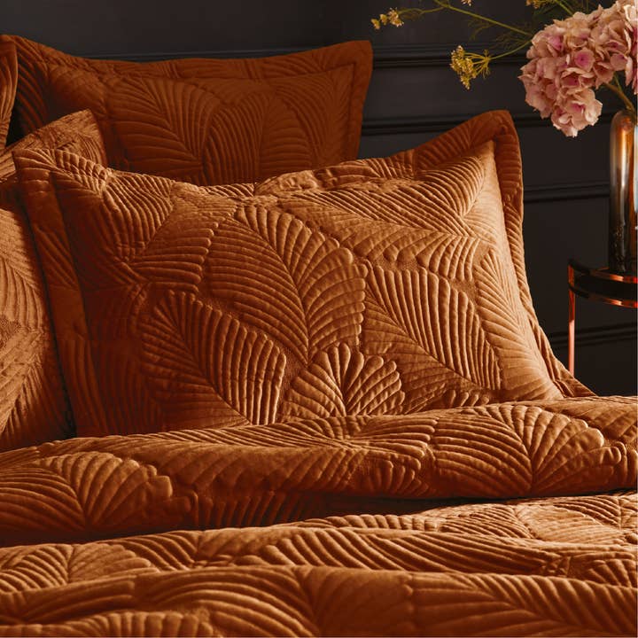 Palmeria Quilted Velvet Pillowcase Rust for wholesale by Riva Home