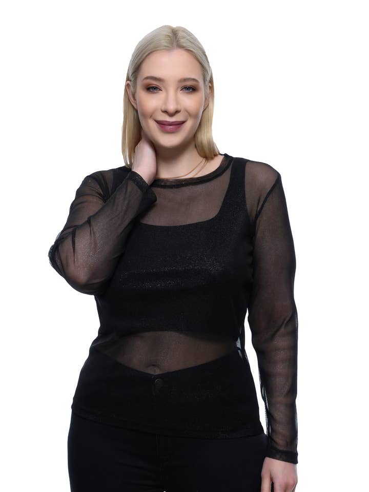 Black Loose Sleeve Sheer Top for wholesale by Style Snatch