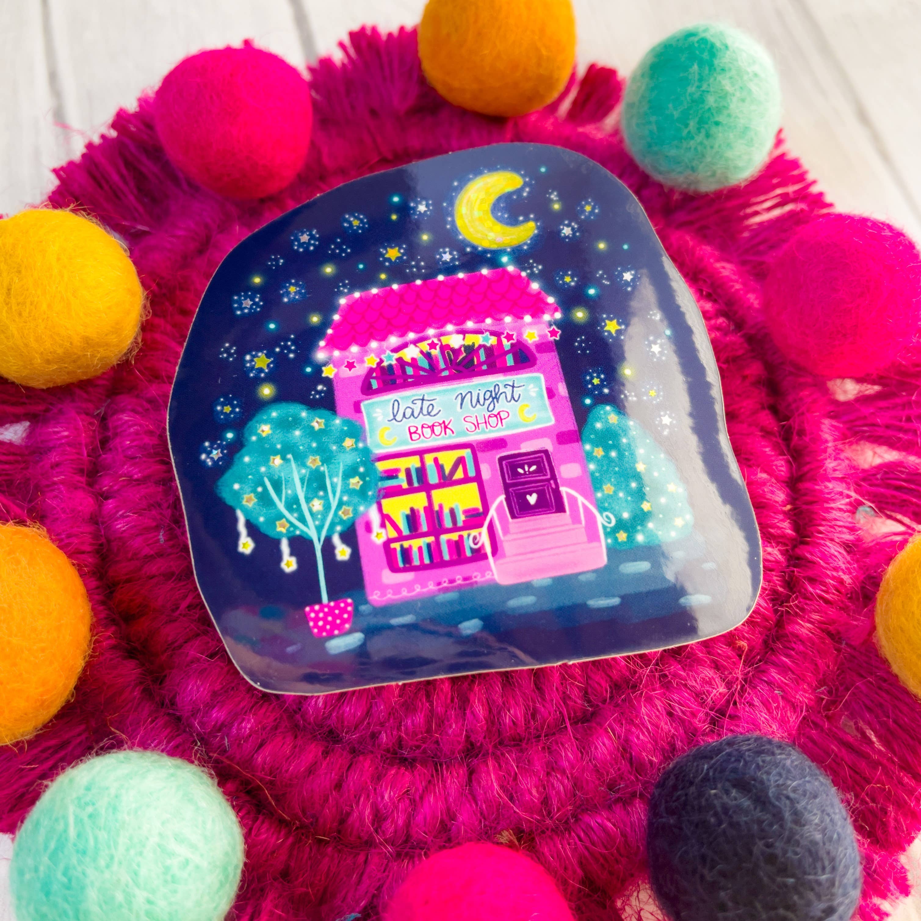 Emily Cromwell Designs - Wholesale Sticker - Late Night Bookshop Glitter Vinyl Sticker2