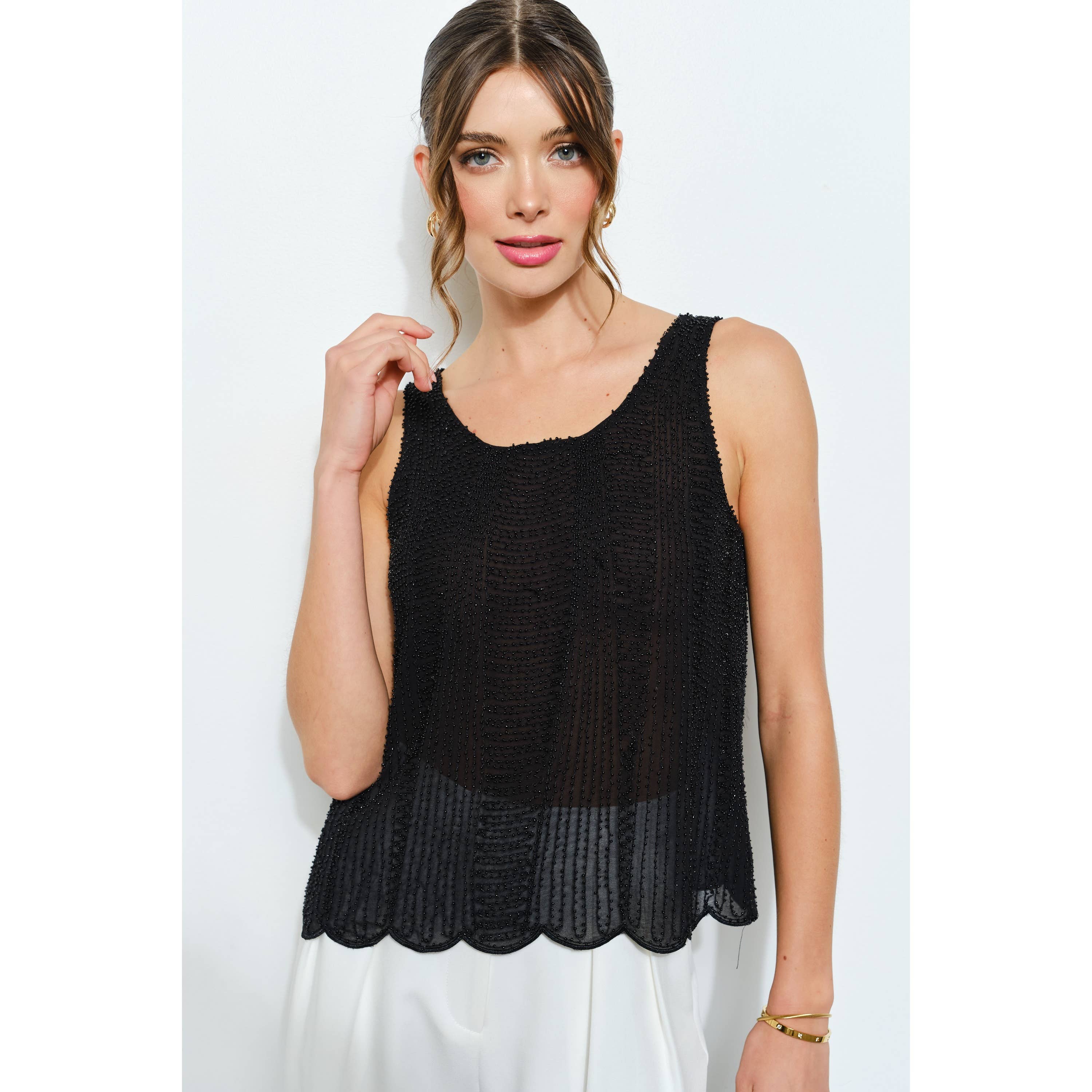 INA - Wholesale Blouse - Women's - All Over Beaded Scallop Hem Sleeveless Top8