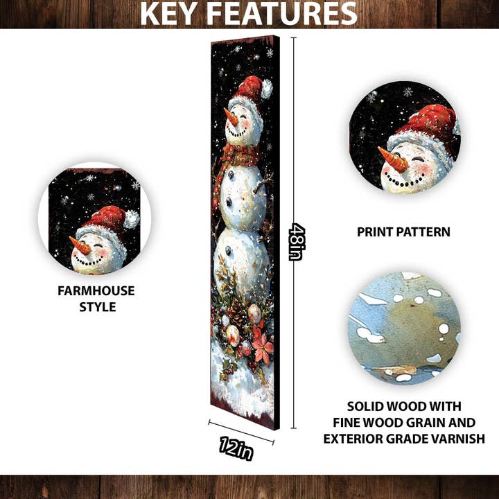 TX USA Corporation - Wholesale Christmas Wall Art - 48in Snowman Christmas Porch Sign - Front Porch Christmas Plaque | Holiday Decoration | Winter Entryway Decor | Wood, UV Print | 48x12in