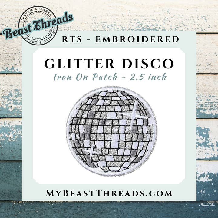 Glitter Disco Ball Embroidered Patch- RTS for wholesale by Beast Threads LLC