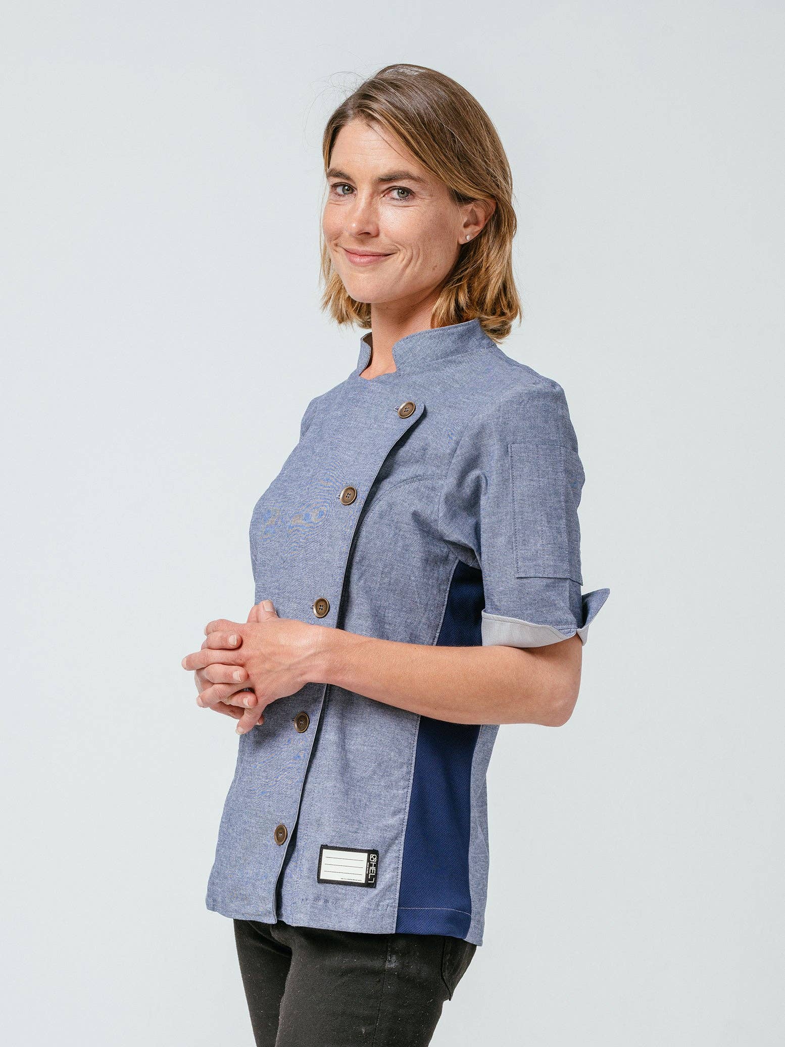 Helt Studio Inc - Venta al por mayor Delantales - Chaqueta de chef Stephany Chambray2