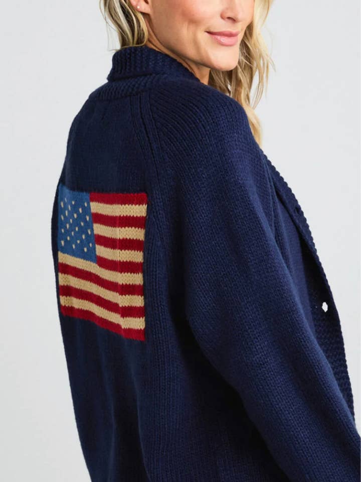 Pink Pineapple - Wholesale Cardigan - Women's - Navy Flag Cardigan with MULTI Tipping Detail