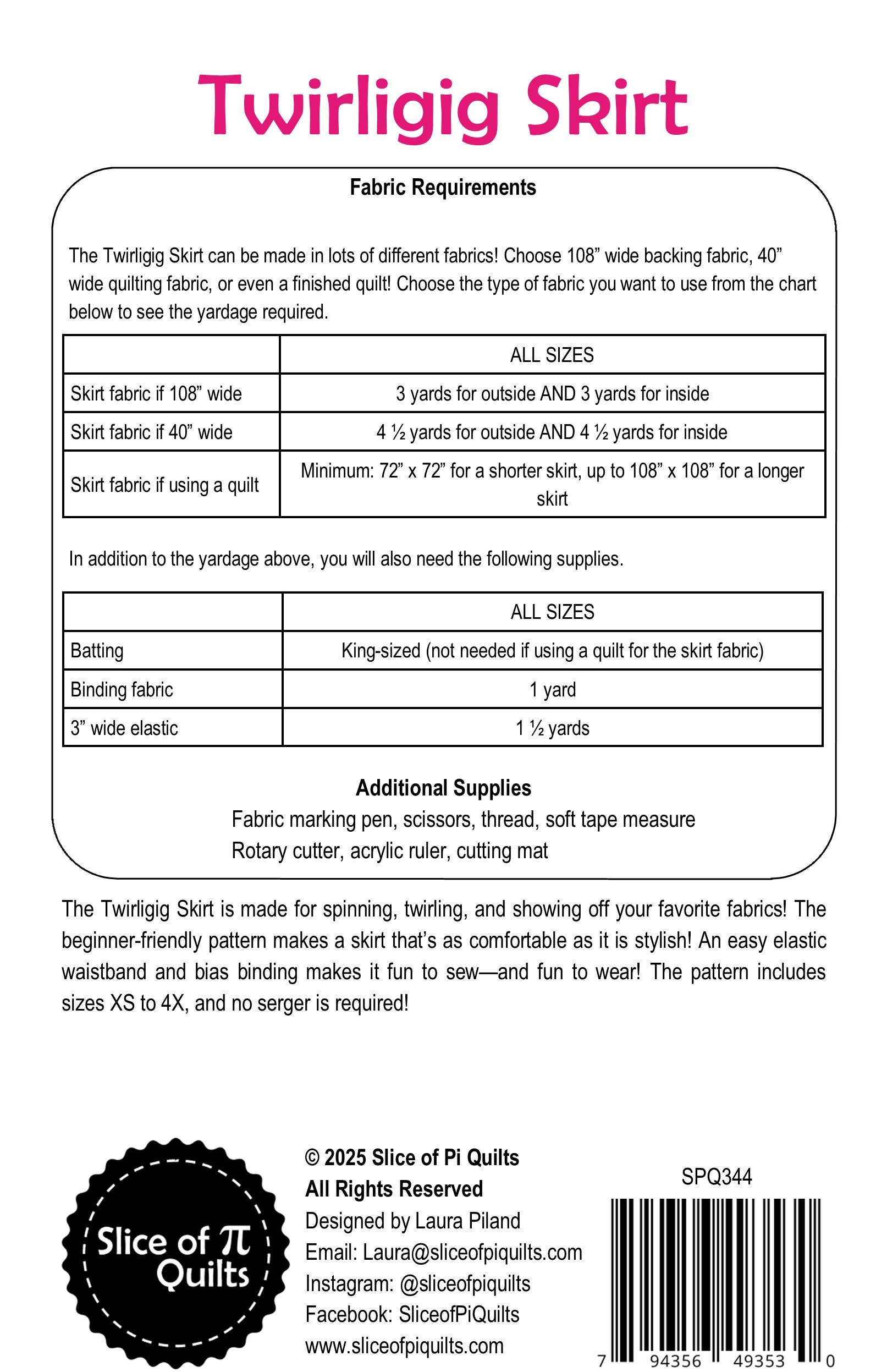 Slice of Pi Quilts – wholesale Craft sewing kit – Twirligig Skirt Pattern1