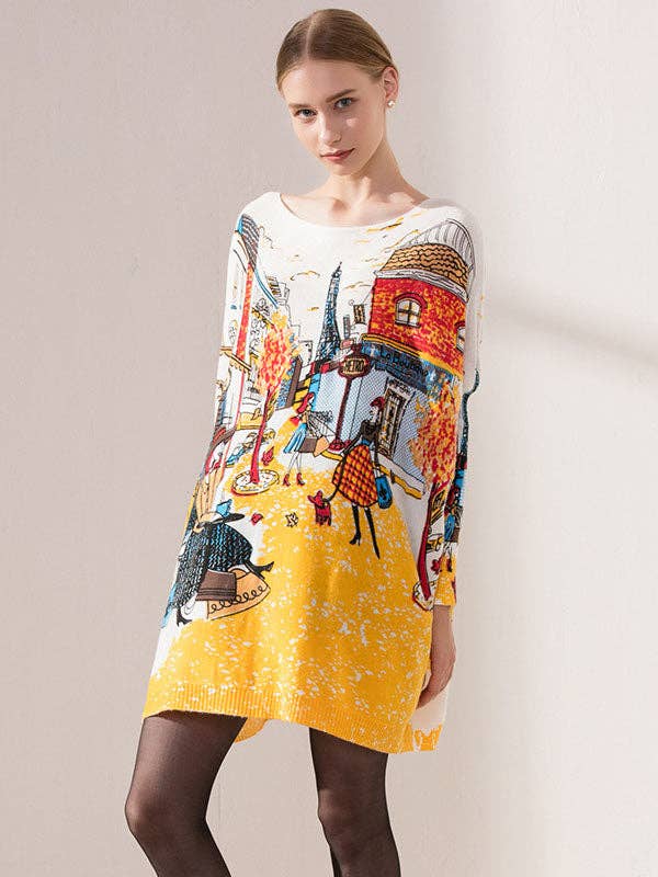 VividLux - Venta al por mayor Vestido - Mujer - Vestido de suéter de manga larga con cuello redondo y estampado de dibujos animados