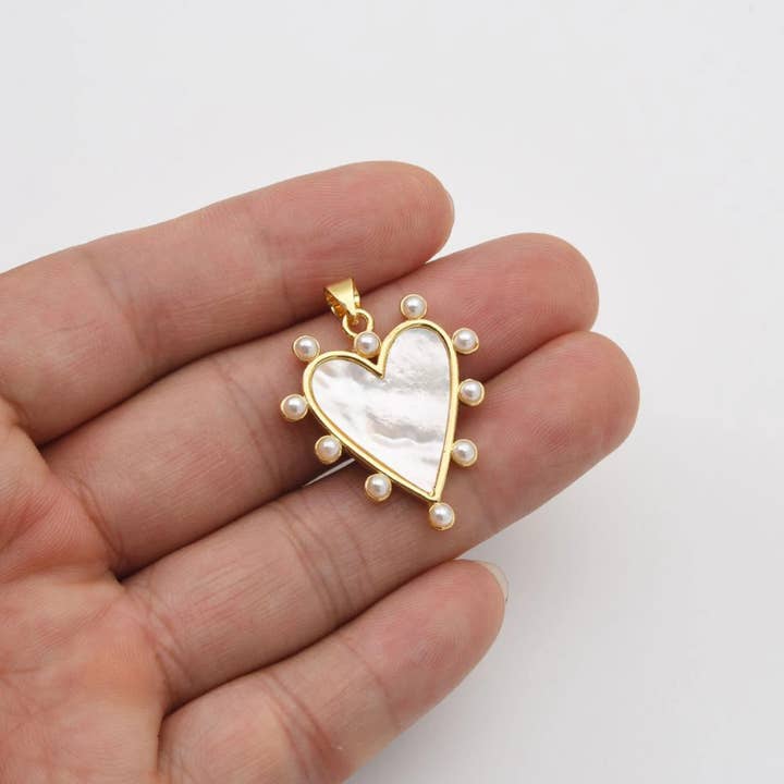 Beads Creation - Wholesale Individual Charm/Pendant - Shell Pearl Heart Charm Pendant in Gold Filled, CP2034