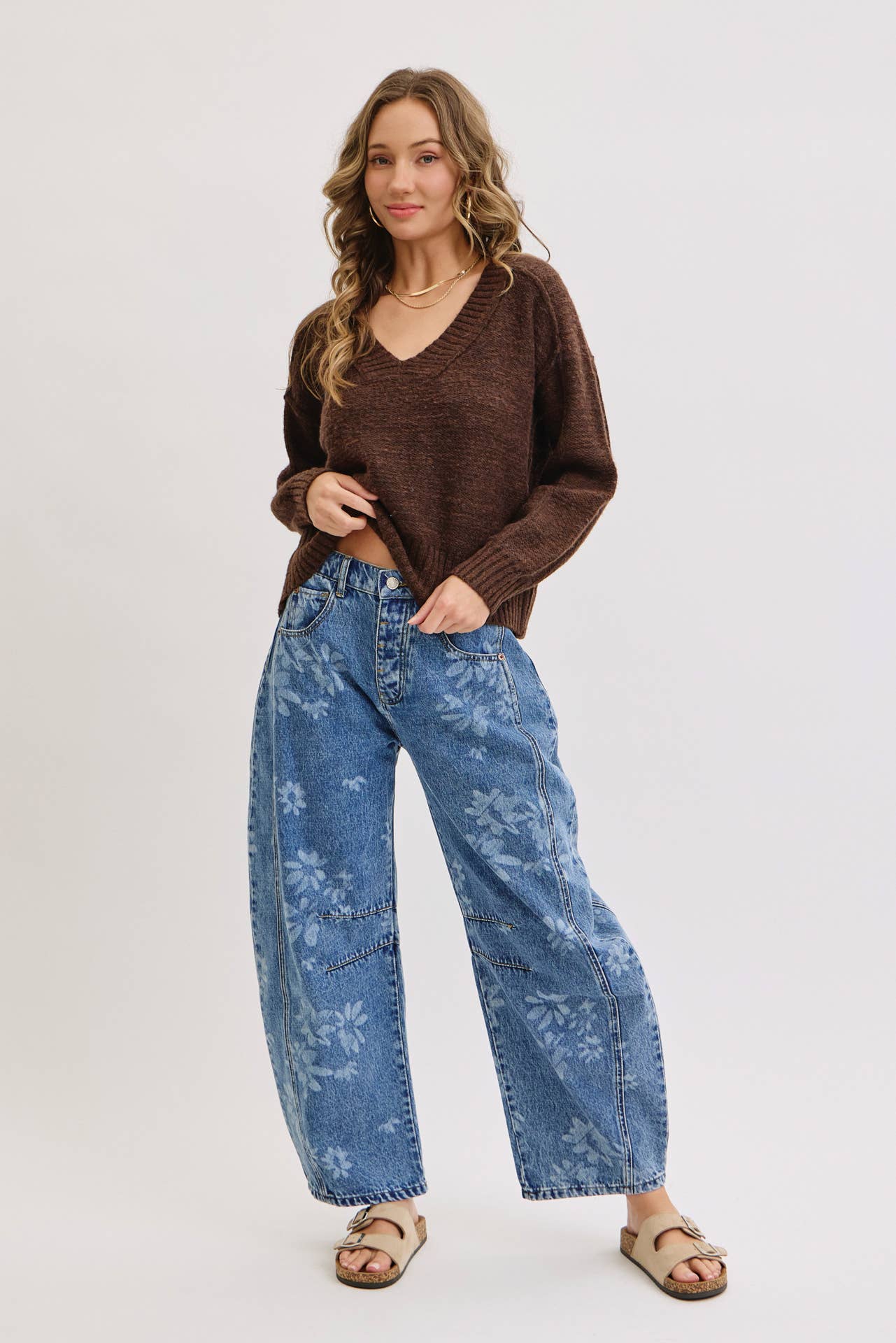 FLORAL PRINT DENIM BARREL JEANS for wholesale on Faire28