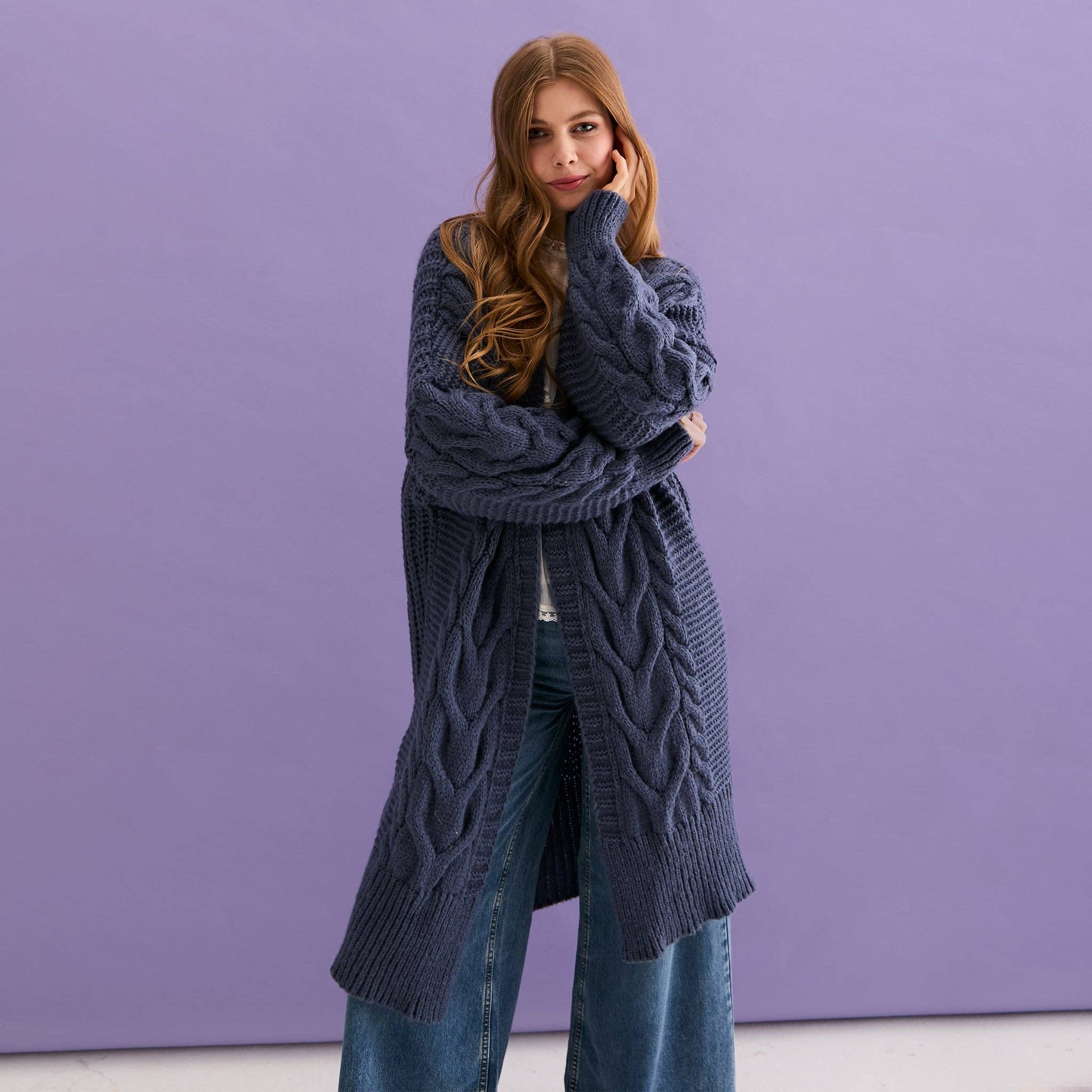Cara & The Sky - Wholesale Cardigan - Women's - Alex Cable Balloon Sleeve Maxi Cardigan - Denim5
