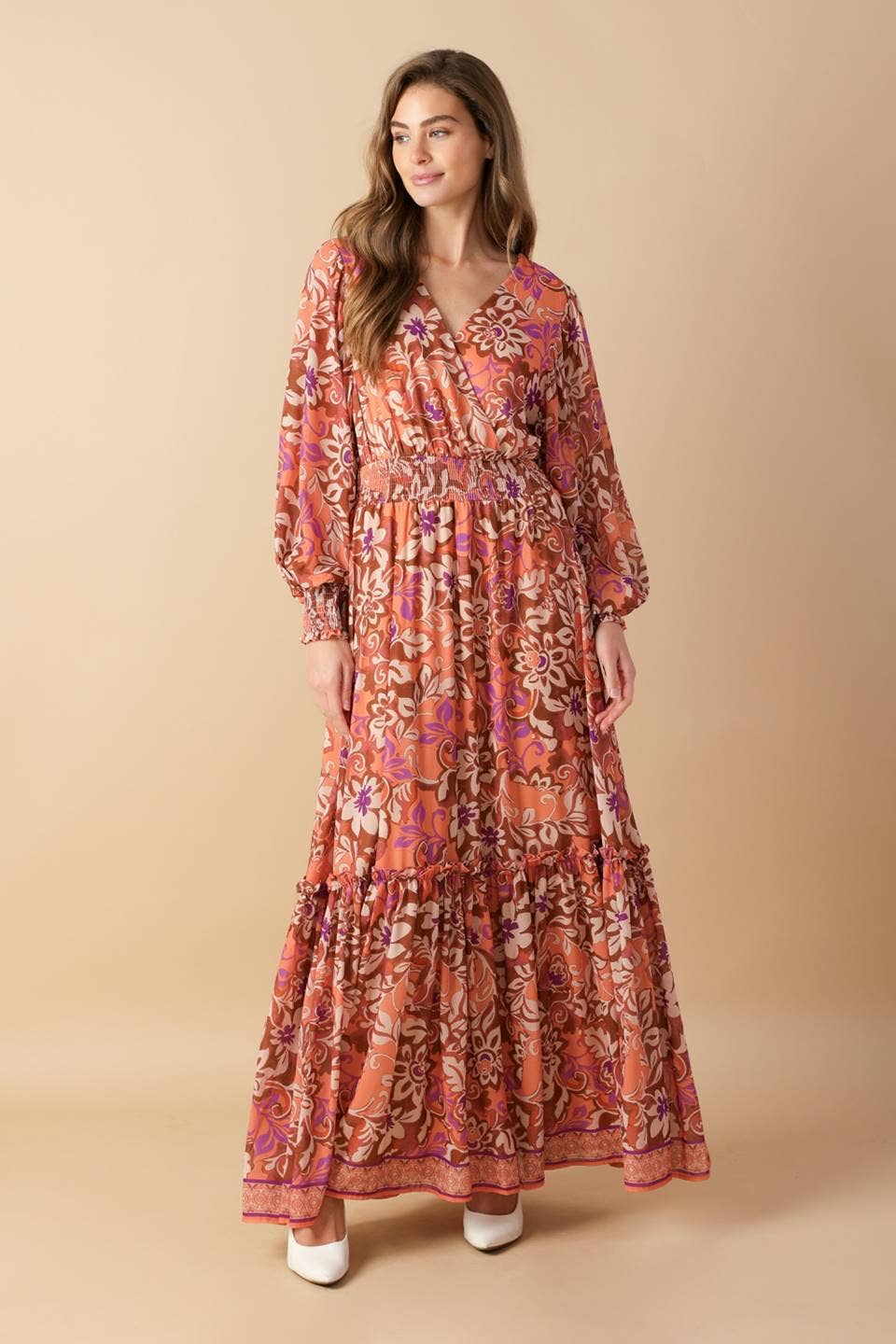 BROWN PURPLE A printed woven maxi dress - ID21806 for wholesale on Faire4