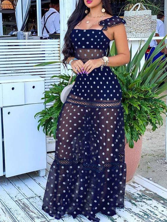 see through mesh lace contrast ruffle hem dress for wholesale by Flarix