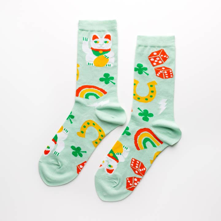 Small - Lucky Cat & Clover Crew Socks for wholesale by Yellow Owl Workshop
