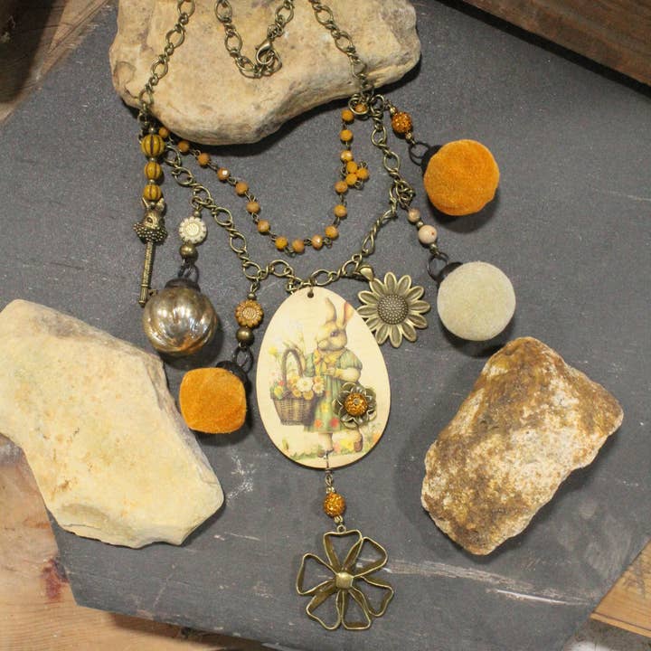 Flower Basket Mustard Bunny Charm'd Necklace for wholesale by The Primitive Peddler, Inc.