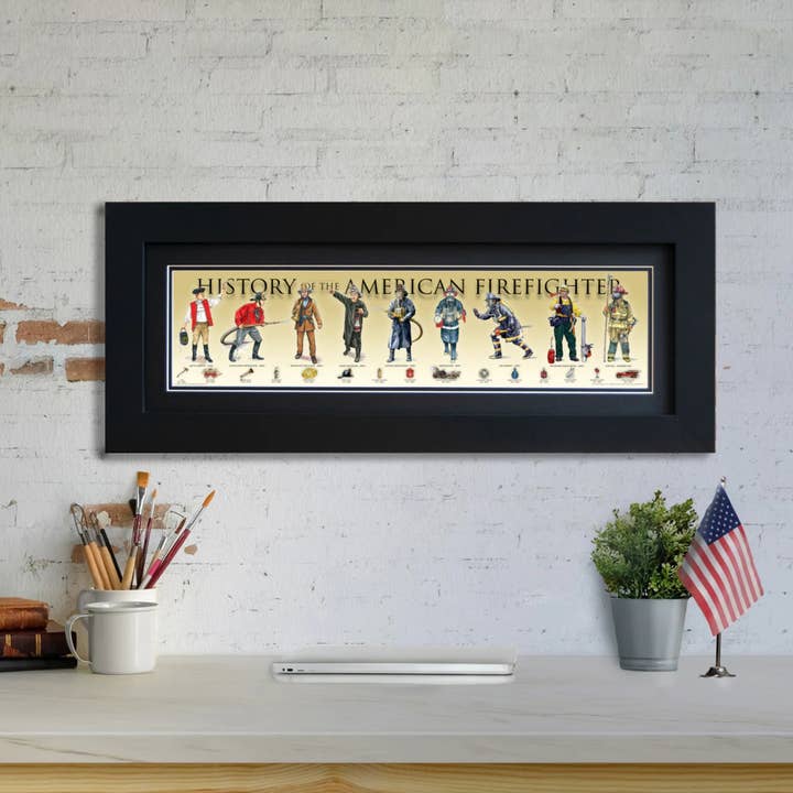 History of the American Firefighter - Framed 2" Black Double Matted, Flat Molding 6" x 24" for wholesale by History America