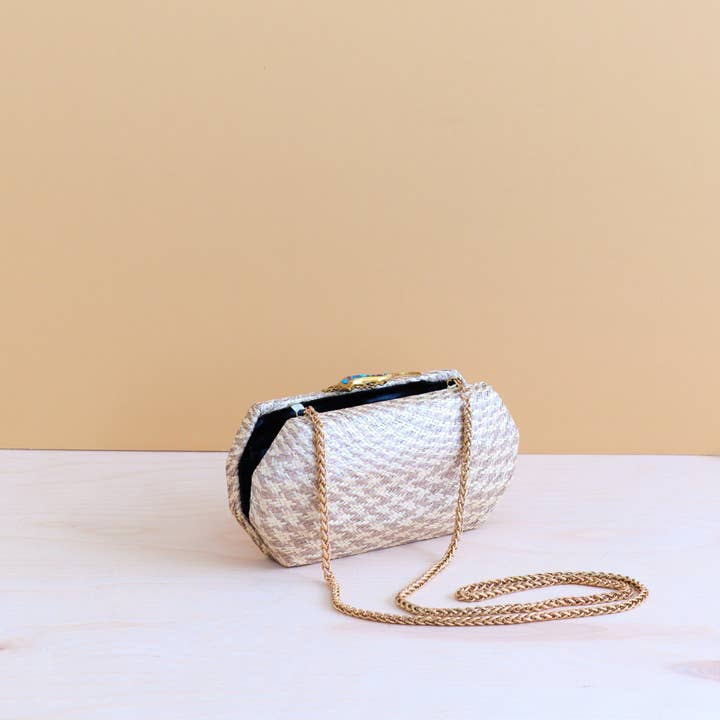 Dusty Rose Houndstooth Clutch - Straw Clutch | LIKHÂ for wholesale on Faire