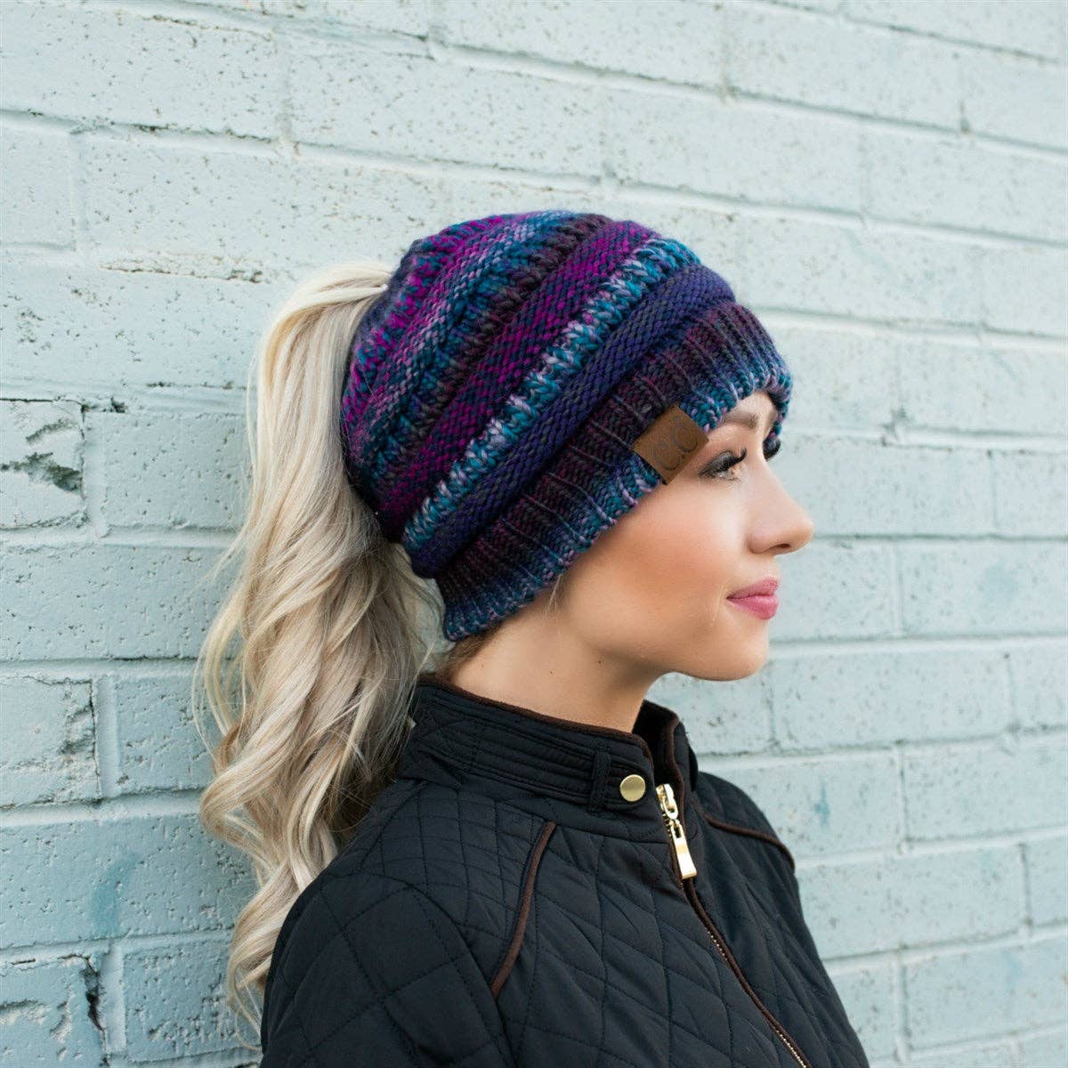 Truly Contagious - Wholesale Beanie - Women's - CC Bun/Pony Multi Colored Striped Beanie ( MB-705 )9