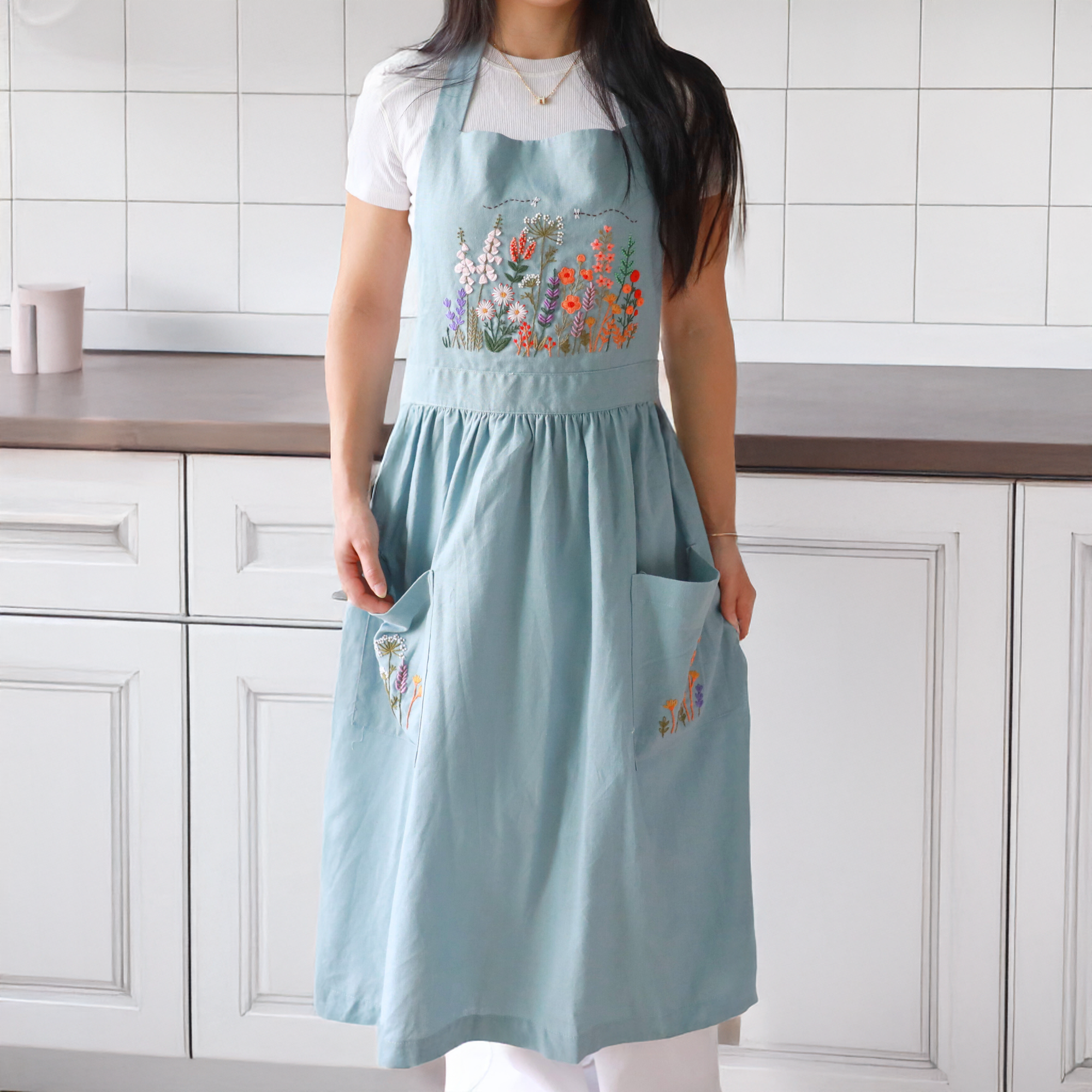 Finer Embroidery - Wholesale Apron - Hand Embroidered Blue Linen Apron3