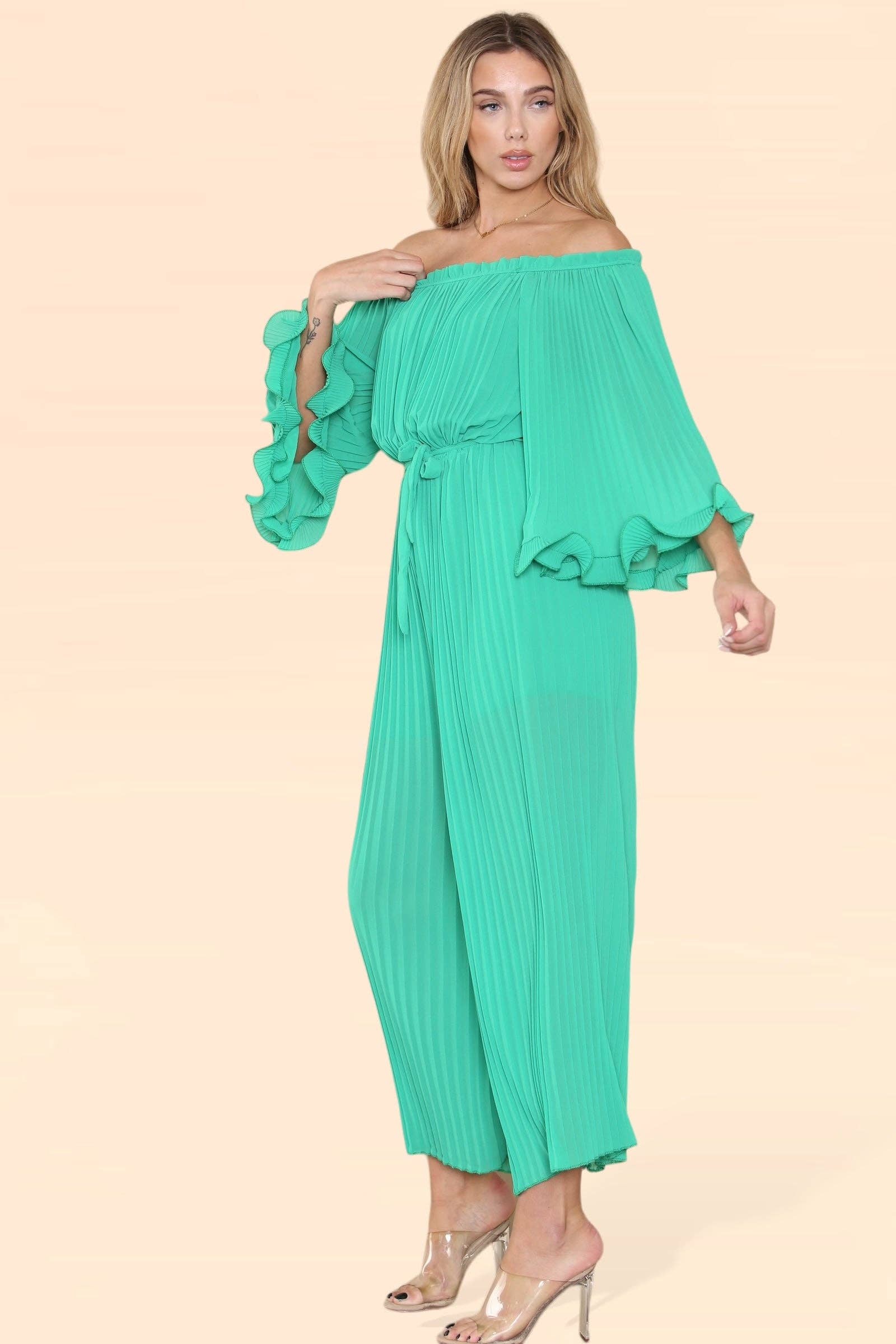 WHITE Sofia Bardot Pleated Frill Jumpsuit for wholesale on Faire16
