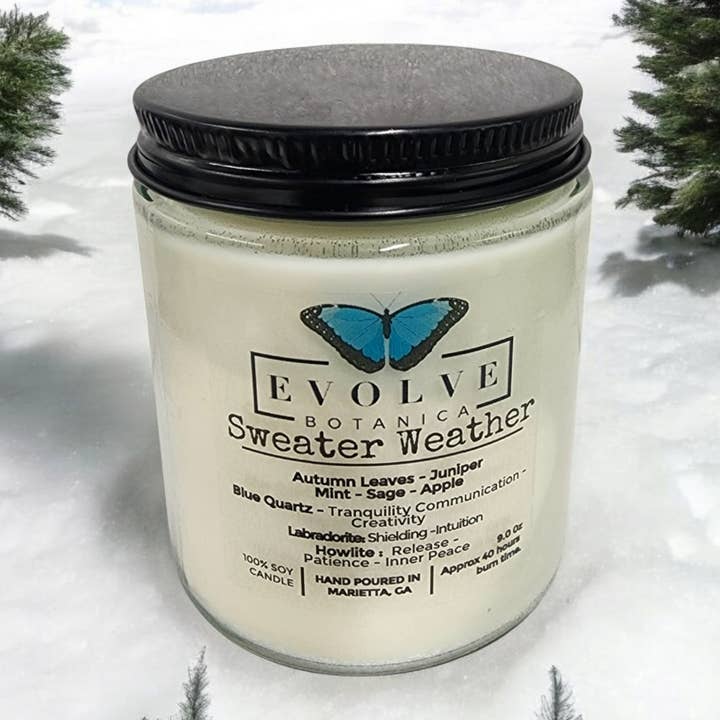 Evolve Botanica - Wholesale Jar/Filled Candle - Classic 9oz Jam Jar Crystal Soy Candle - Sweater Weather