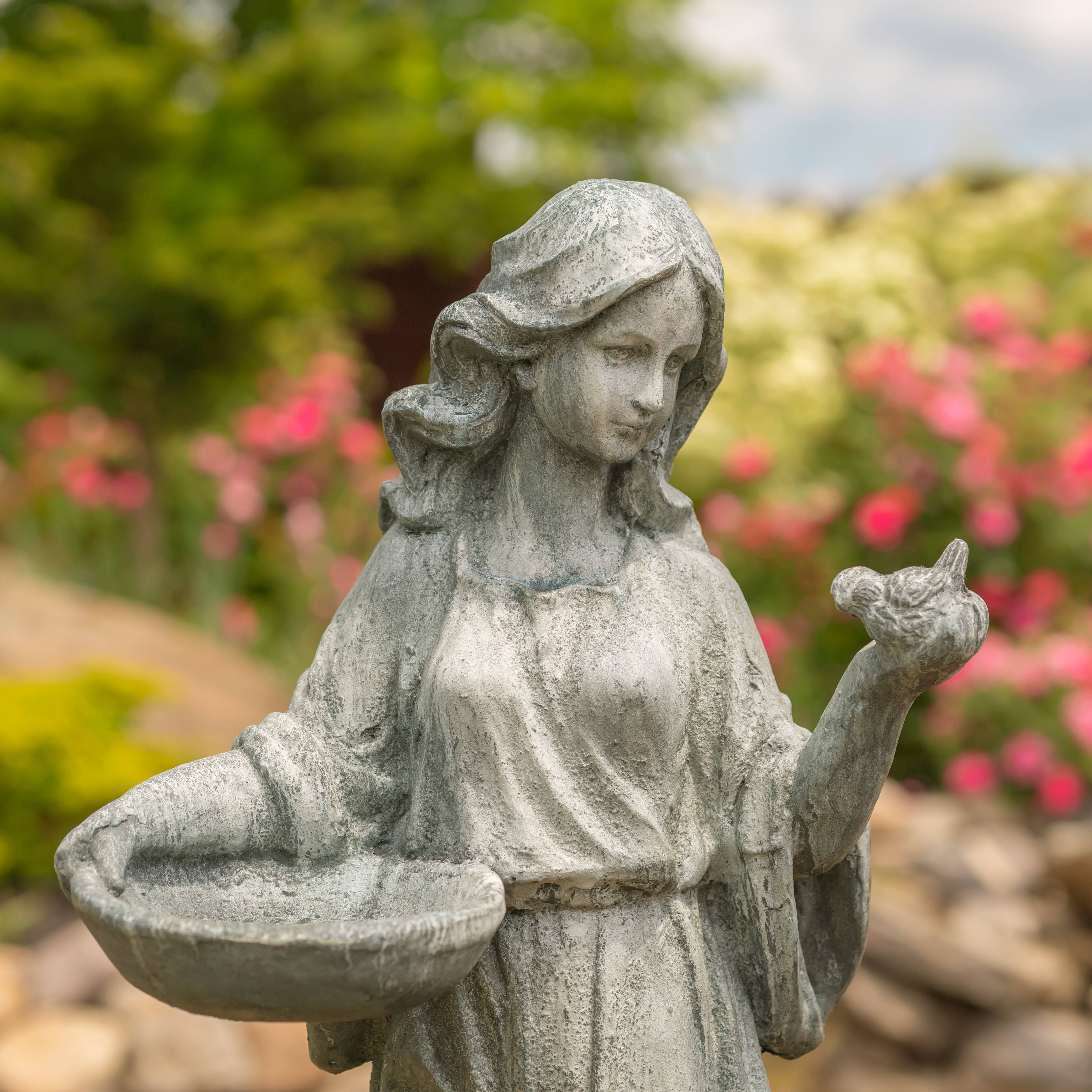 Zaer Ltd. International - Wholesale Outdoor Ornament/Decor - 38" Tall Standing Girl w/Bird "Holly" Magnesium- 2 Colors2