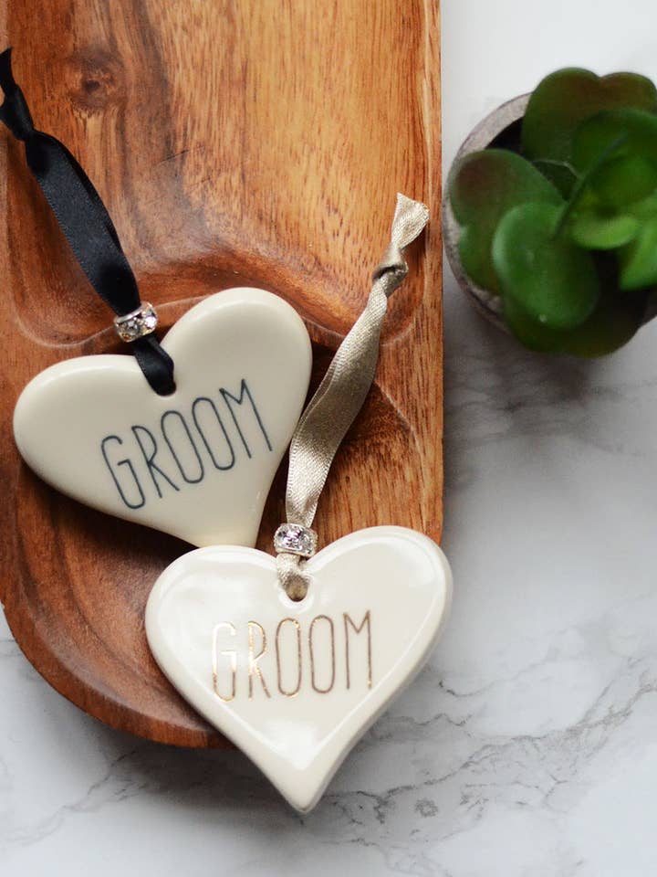 Bride & Groom Ceramic Heart for wholesale by Dimbleby Ceramics