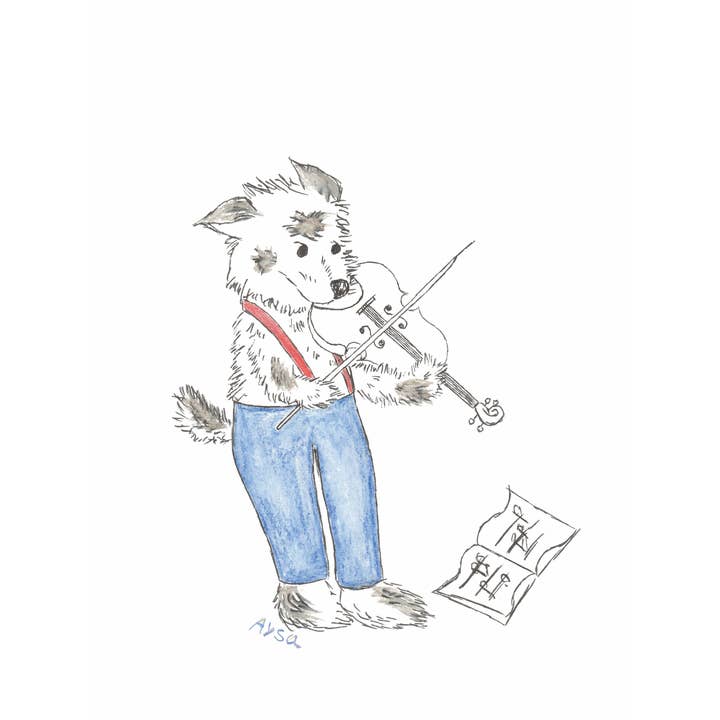 Busker the violin dog whimsy, kids musical animal wall art for wholesale by Whimsy Pop