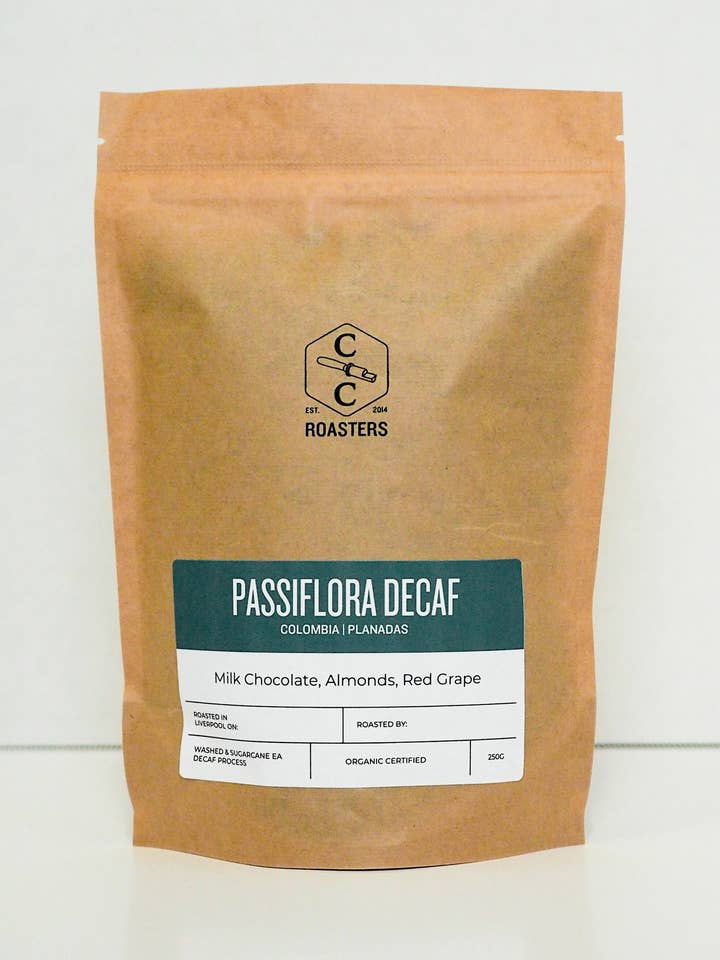 Passiflora Decaf 250g, café descafeinado colombiano especial por atacado de Crosby Coffee Roasters
