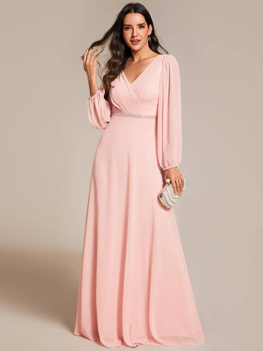 Ever-Pretty - Wholesale Gown - Women's - Elegant waisted chiffon V-neck Long Sleeve guest Dress66