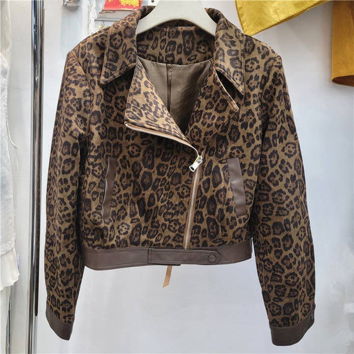Espresso Brown M291 2025 Fall Women’s Leopard Print Collared Jacket for wholesale on Faire