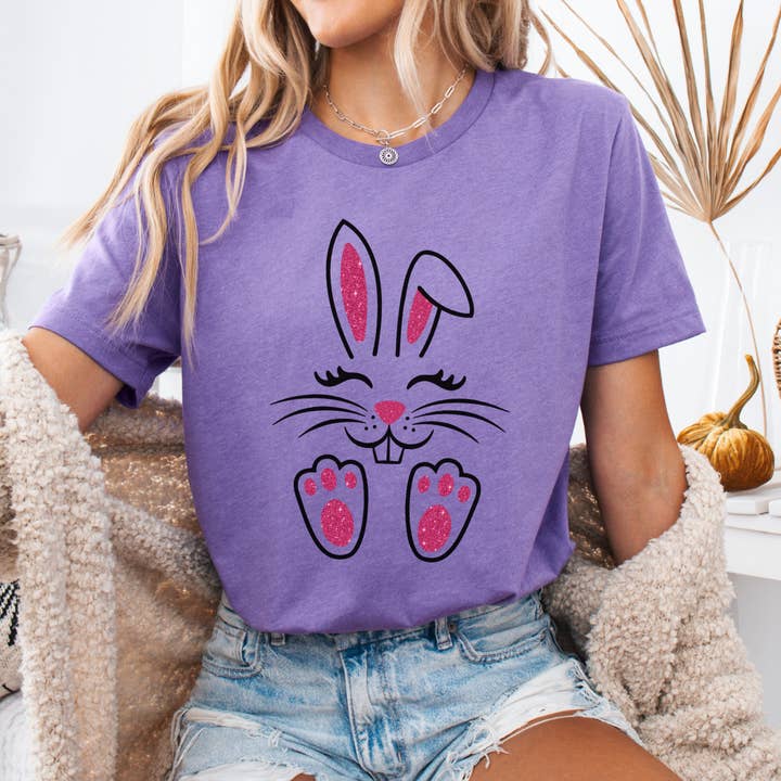 ATTA TOOD LLC - Wholesale T-Shirt (Graphic) - Women's - Cute Easter bunny women's graphic t-shirt, faux pink glitter