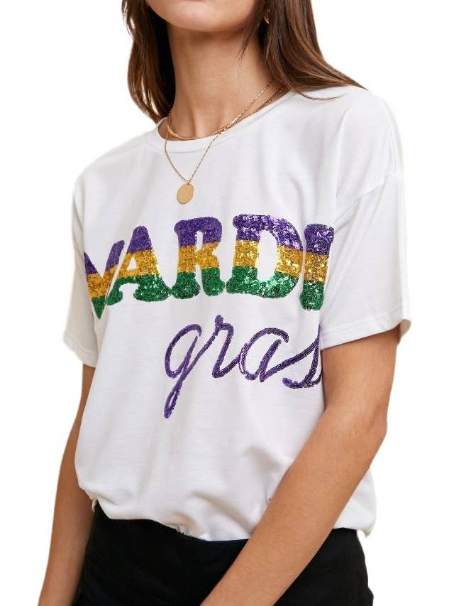Camiseta de manga curta com letras de lantejoulas Mardi Gras por atacado de Vanilla Monkey