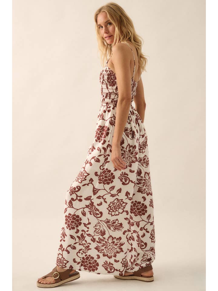 CREAM Floral Wide-Leg Smocked Button-Front Cami Jumpsuit for wholesale on Faire