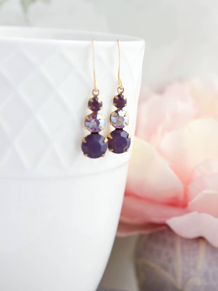 Vintage Glass Earrings -Three Jewel - Shades of Purple for wholesale by A Pocket of Posies