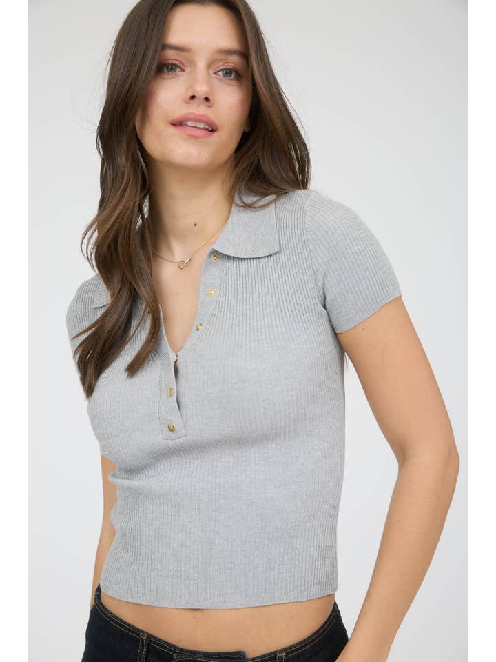 The Workshop Studio - Wholesale Knit Top - Women's - GOLD SNAP BUTTON SHORT SLEEVE SWEATER KNIT POLO
