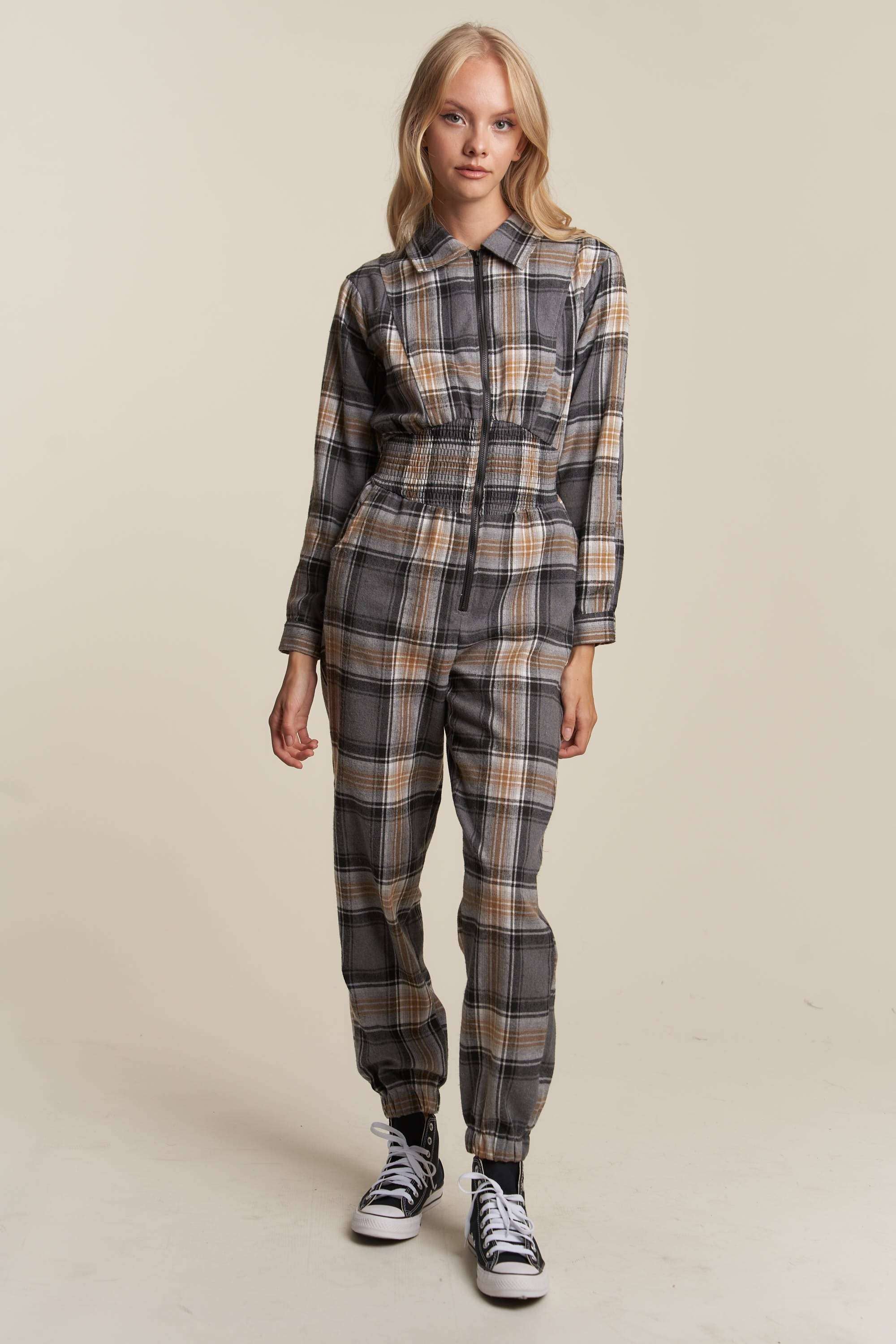 Hers & Mine - Wholesale Jumpsuit - Women's - PLAID ZIPPER DOWN SMOCKED WAIST JUMPSUIT0