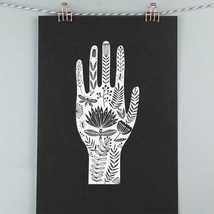 A3 art print - tattoo inspired hand black & white design for wholesale by Maggie Magoo Designs