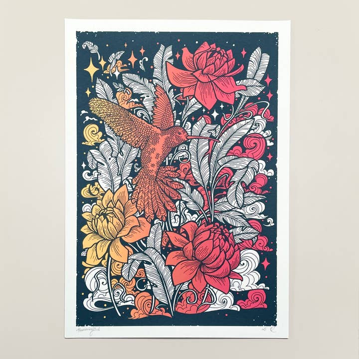 Hummingbird Screen Print Wall Art for wholesale by flight & fancy