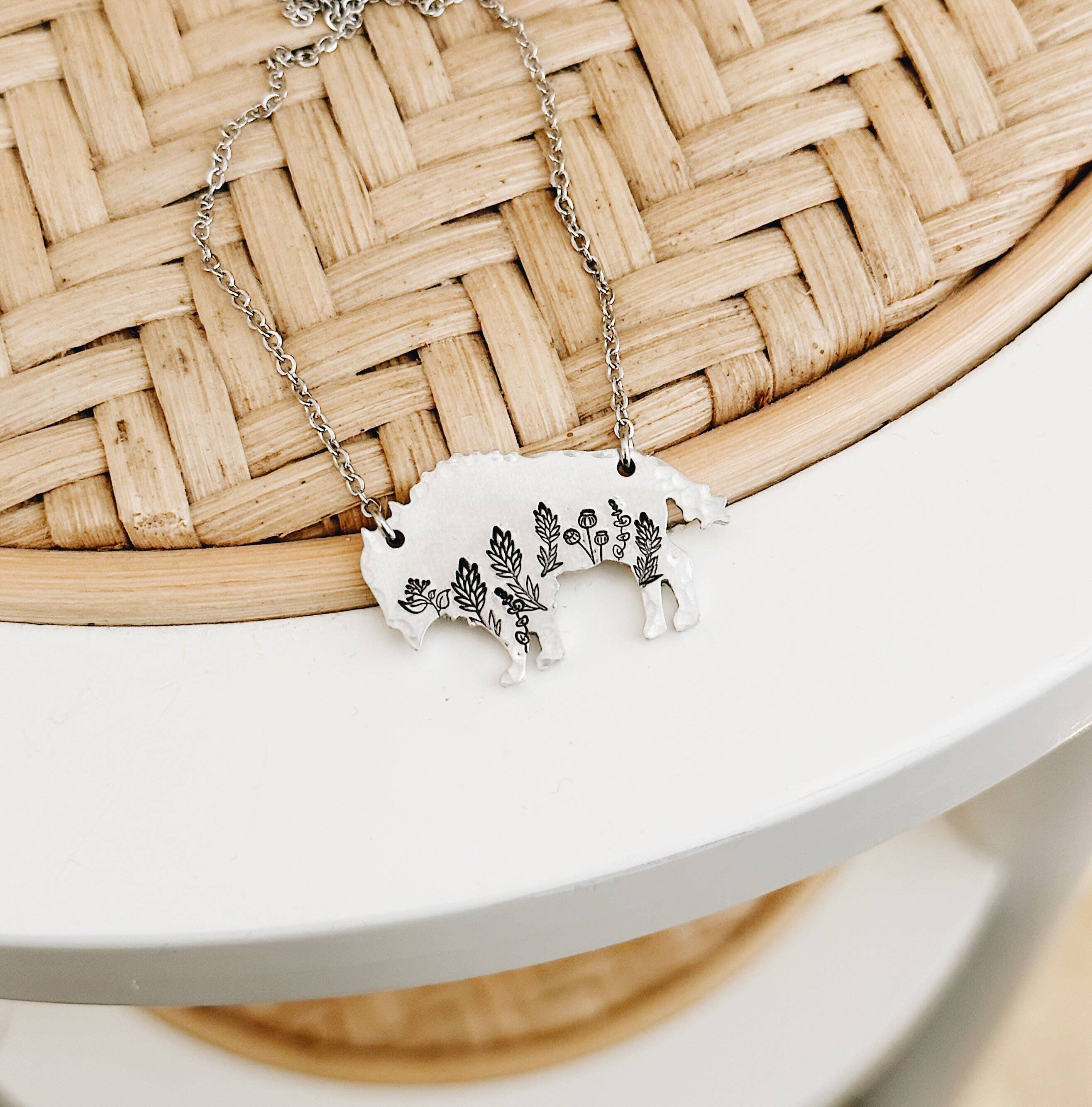 JOY IN THE MORNING - Wholesale Pendant/Charm Necklace - Botanical Bison Necklace, Buffalo, Hand Stamped Necklace2