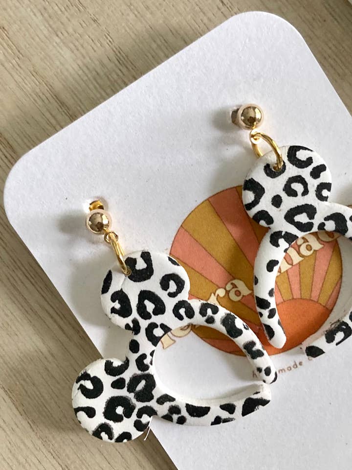 Leopard print Mickey ears dangle earrings for wholesale by Terra Made