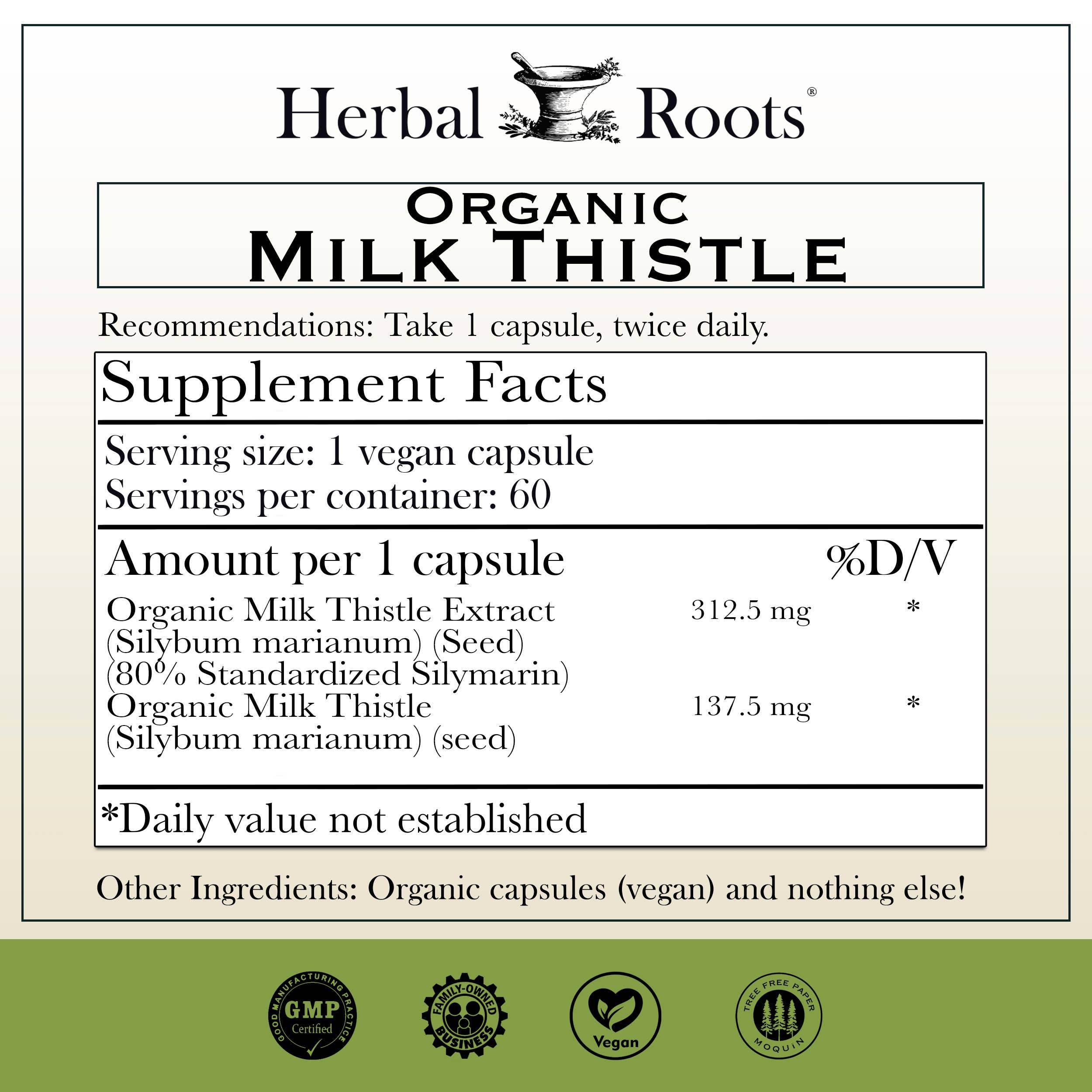 Herbal Roots - Wholesale Oral Supplement/Vitamin - Herbal Roots Organic Milk Thistle Capsules1