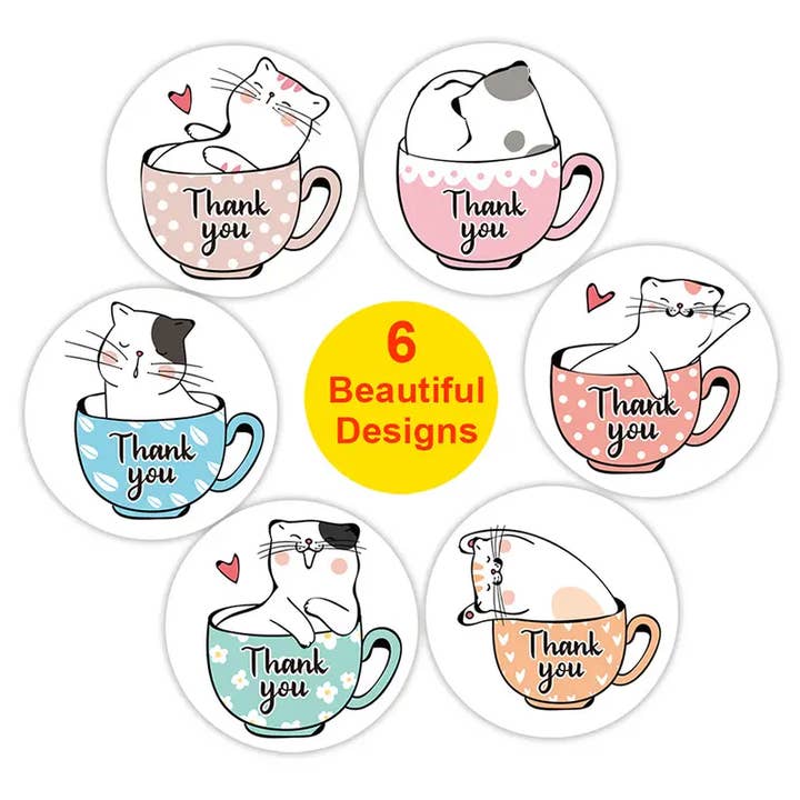 Magnifique Hearts - Wholesale Sticker - Cute Kitty Cat 500 Pc "Thank You" Sticker Roll - 1' Round3