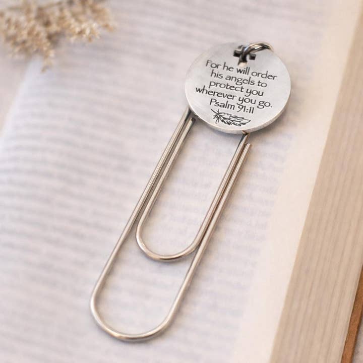 Psalm 91 11 Bookmark Stainless Steel Paperclip Christian Bookmark Angel Protection Scripture Faith Gift For Readers for wholesale by JKCE Designs