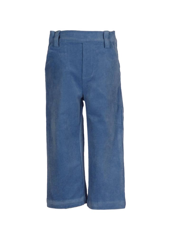 Pantalon Parker en velours côtelé extensible bleu pour la vente par The Yellow Lamb
