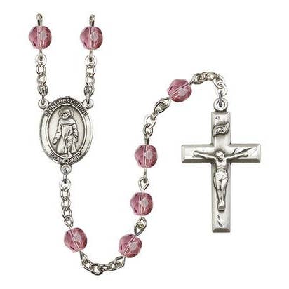 St. Peregrine Laziosi Center Hand Made Silver Plate Rosary with 6mm Fire Polished Amethyst Beads for wholesale by NYMAN JEWELERS