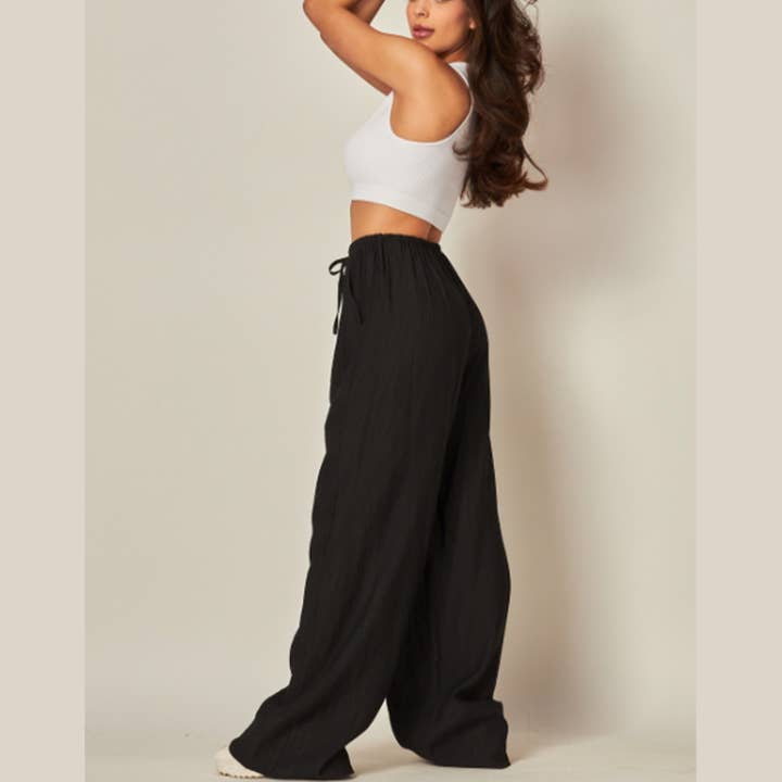 WILD LILAC - Wholesale Pants - Women's - Tie Waist Linen Blend Wide Leg Pants