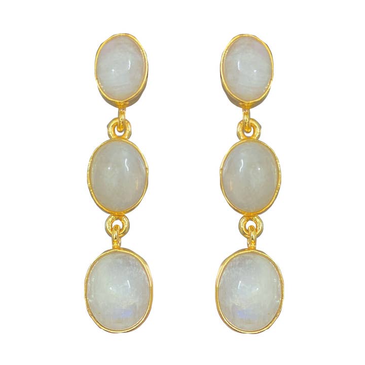 3 stone rainbow moonstone string earrings for wholesale by Meshca