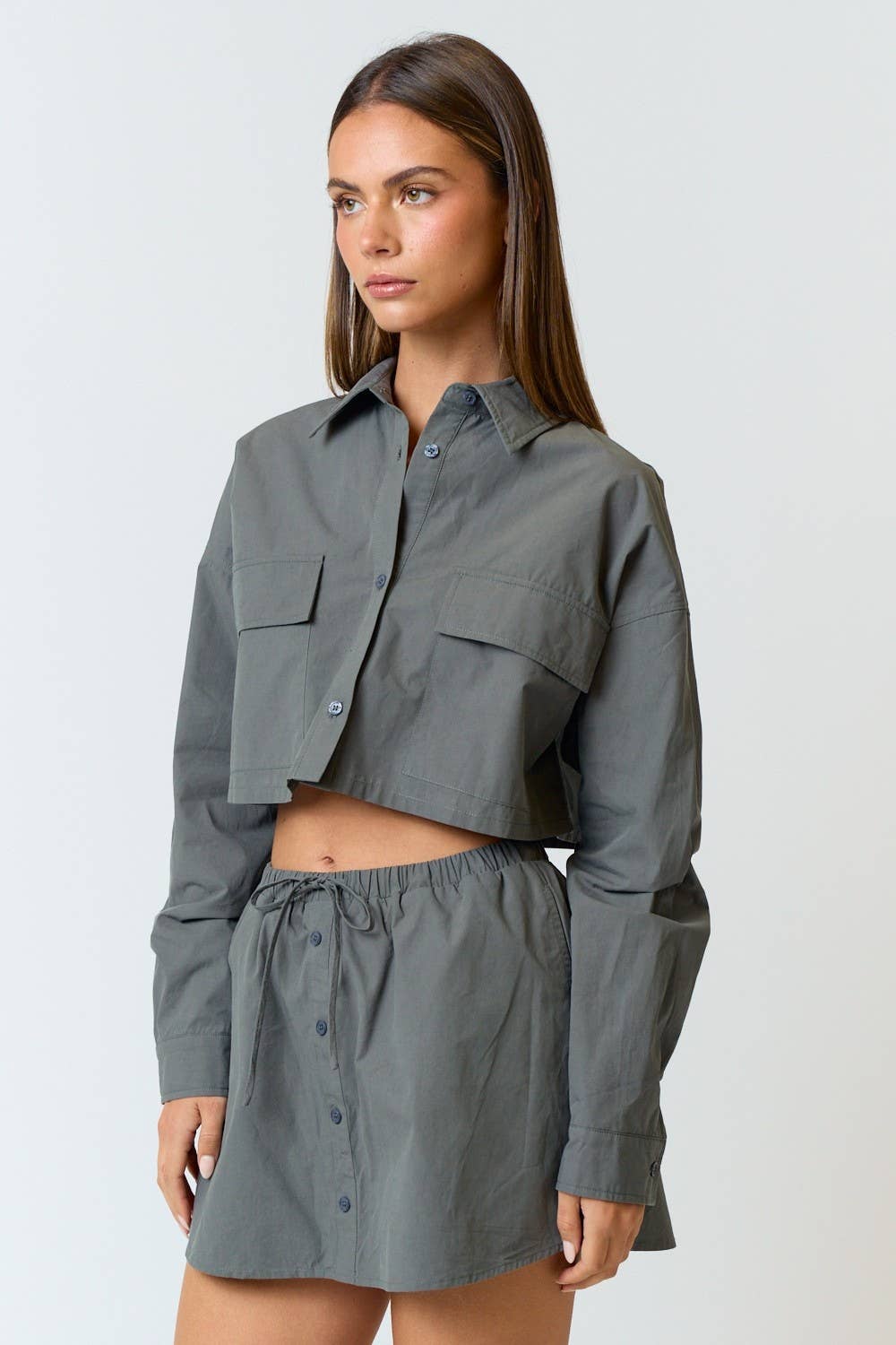 BURGUNDY Poplin Button Down Crop Shirt Jacket for wholesale on Faire8