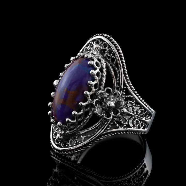 Filigranist Jewelry - Vente Bague de cocktail/de cérémonie - Bague de cocktail en argent sterling pour femme en forme de filigrane Mojave, turquoise, pierre précieuse1
