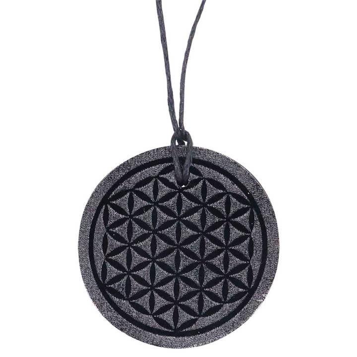 Gegraveerde Flower of Life halsketting - zwarte obsidiaan (per stuk) voor wholesale door Kheops International